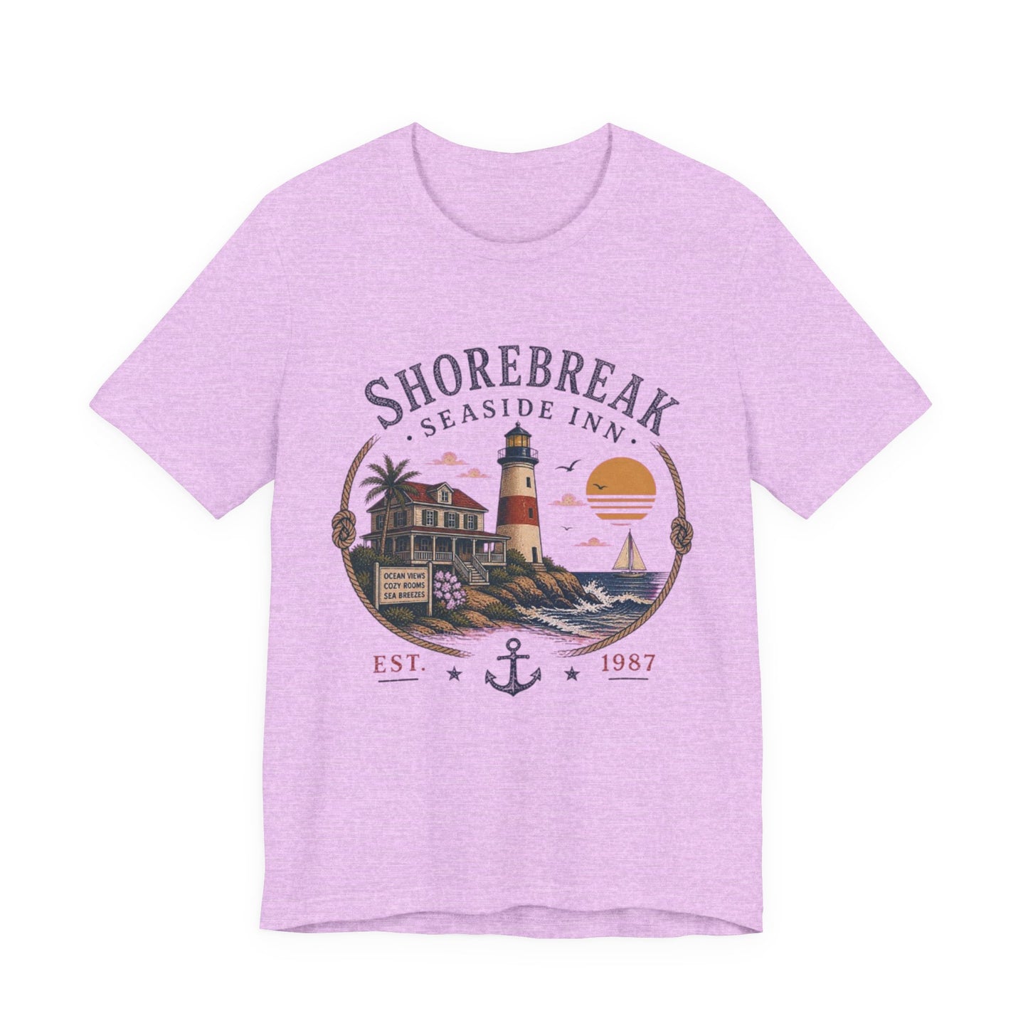 Shorebreak Seaside Inn Vintage Graphic Tee – Retro Coastal Lighthouse Style Shirt