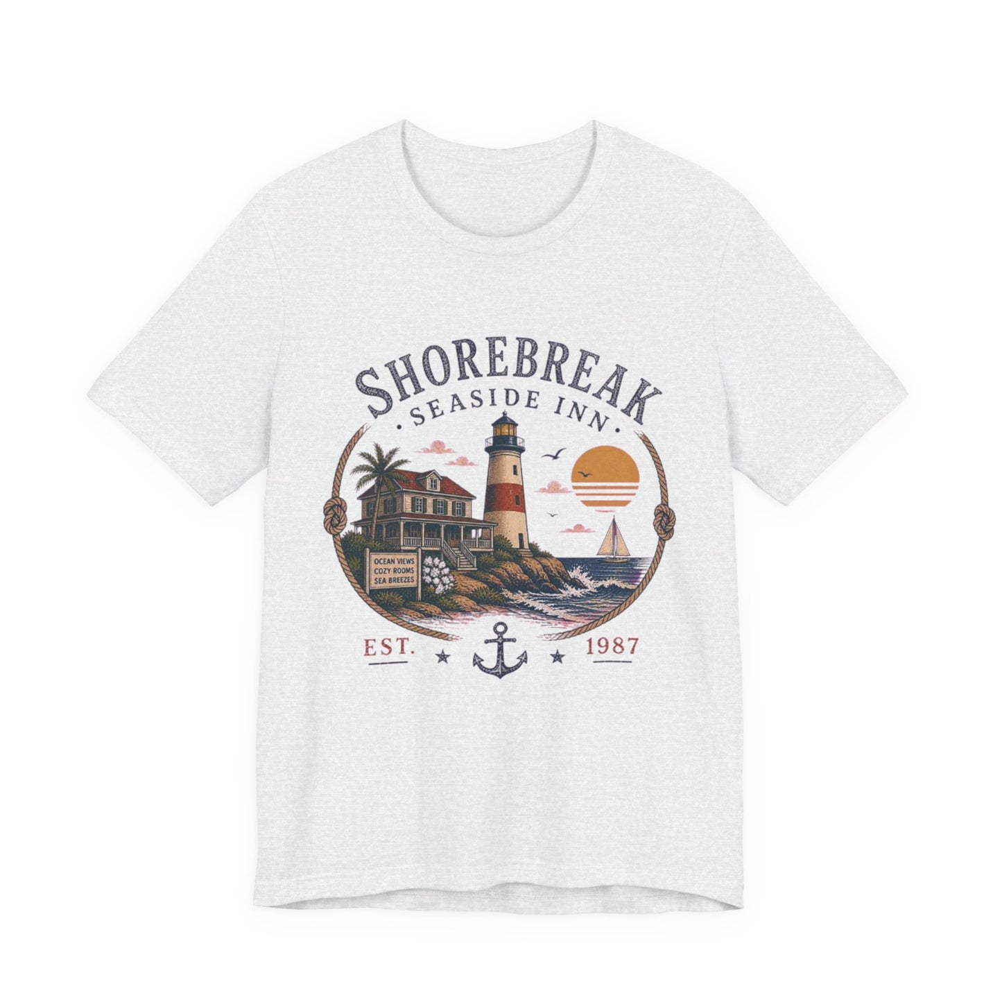 Shorebreak Seaside Inn Vintage Graphic Tee – Retro Coastal Lighthouse Style Shirt