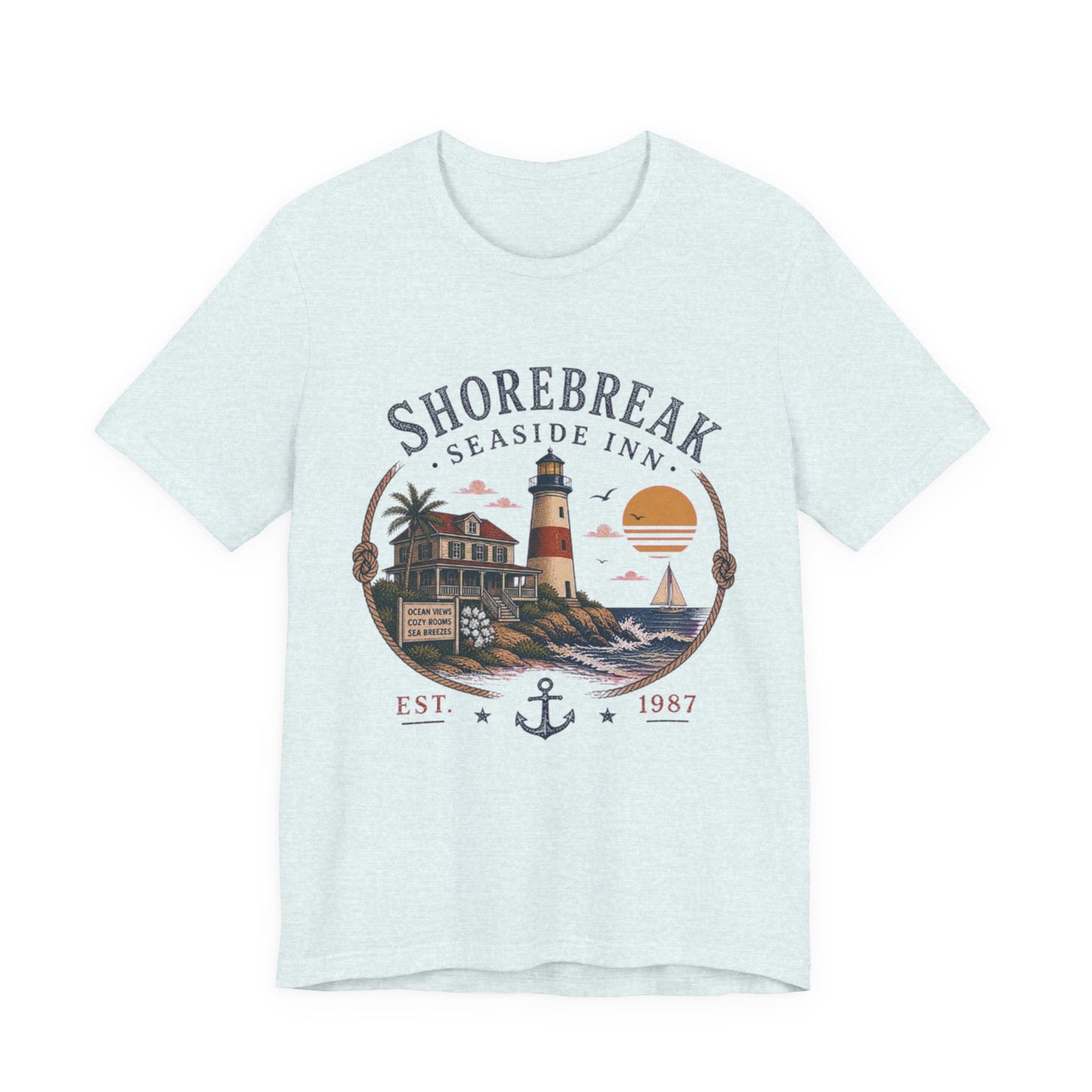 Shorebreak Seaside Inn Vintage Graphic Tee – Retro Coastal Lighthouse Style Shirt