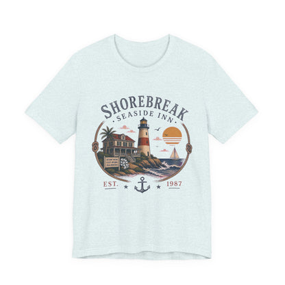 Shorebreak Seaside Inn Vintage Graphic Tee – Retro Coastal Lighthouse Style Shirt
