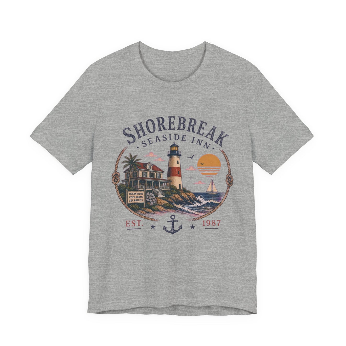 Shorebreak Seaside Inn Vintage Graphic Tee – Retro Coastal Lighthouse Style Shirt