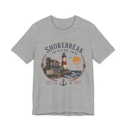 Shorebreak Seaside Inn Vintage Graphic Tee – Retro Coastal Lighthouse Style Shirt