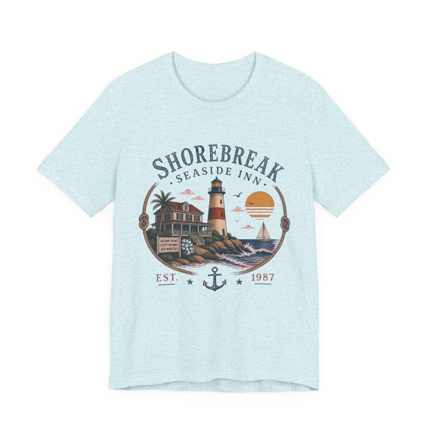 Shorebreak Seaside Inn Vintage Graphic Tee – Retro Coastal Lighthouse Style Shirt