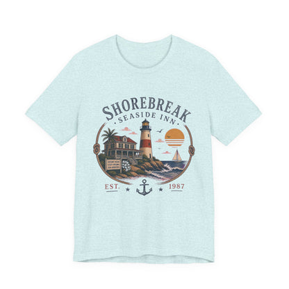Shorebreak Seaside Inn Vintage Graphic Tee – Retro Coastal Lighthouse Style Shirt