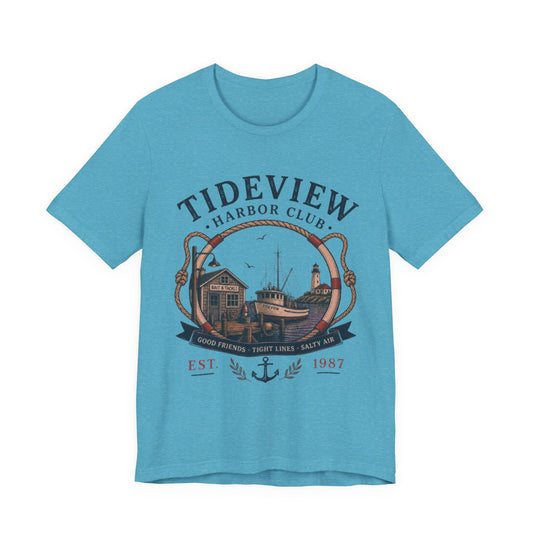 Tideview Harbor Club Vintage Graphic Tee – Retro Fishing Dock Style Shirt