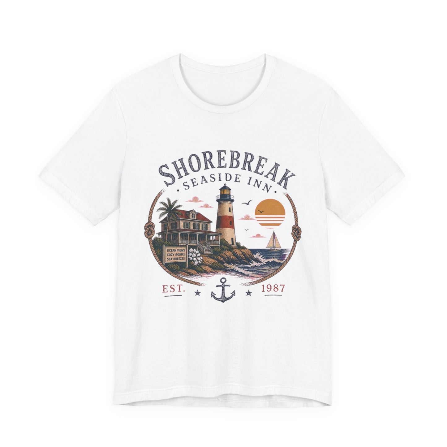Shorebreak Seaside Inn Vintage Graphic Tee – Retro Coastal Lighthouse Style Shirt