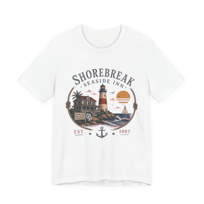 Shorebreak Seaside Inn Vintage Graphic Tee – Retro Coastal Lighthouse Style Shirt