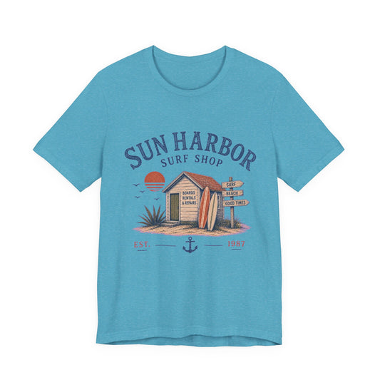 Sun Harbor Surf Shop Vintage Graphic Tee – Retro Beach Town Style Shirt