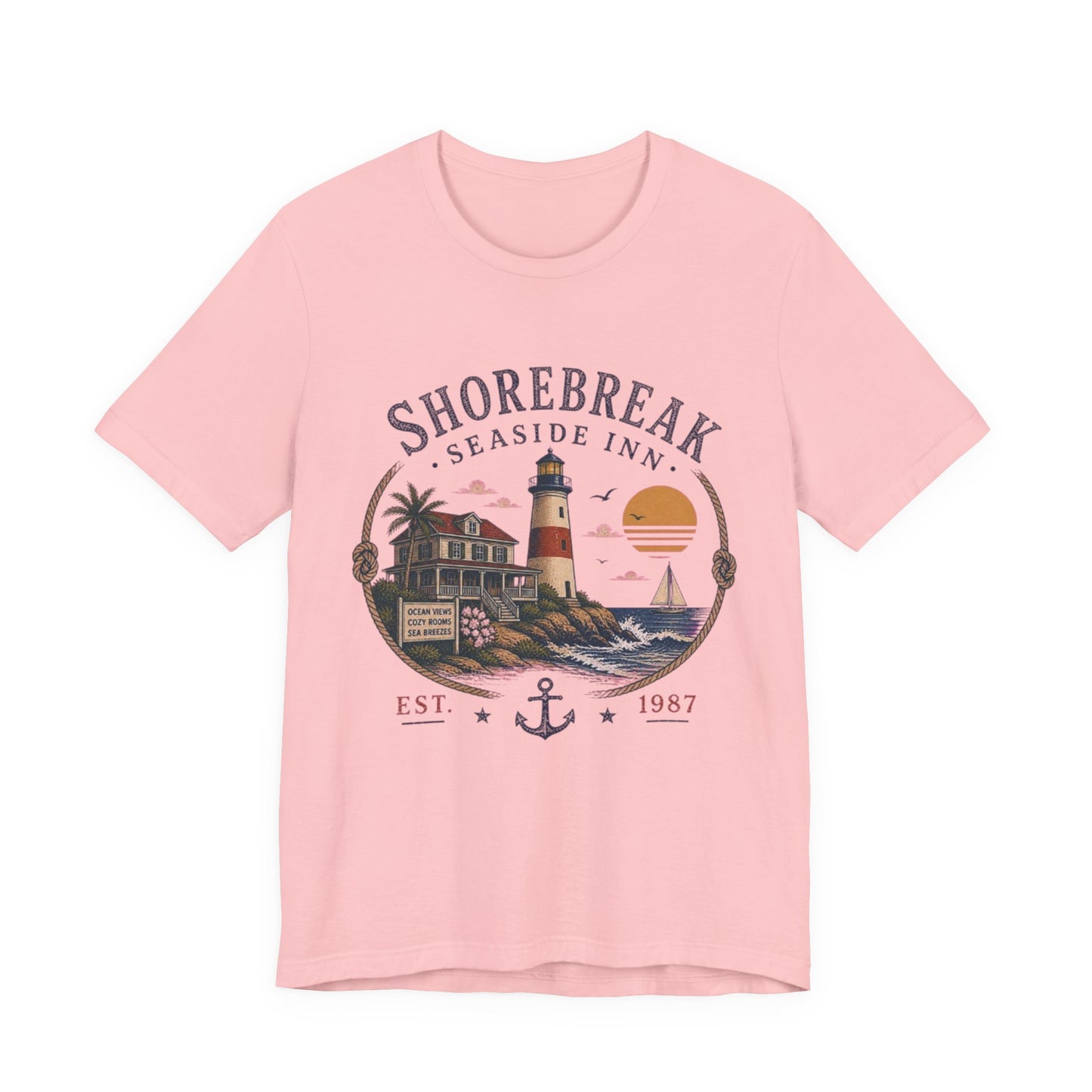 Shorebreak Seaside Inn Vintage Graphic Tee – Retro Coastal Lighthouse Style Shirt