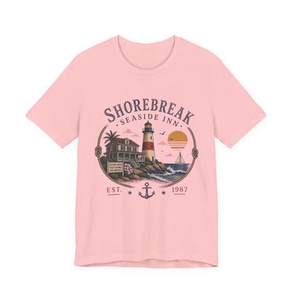 Shorebreak Seaside Inn Vintage Graphic Tee – Retro Coastal Lighthouse Style Shirt