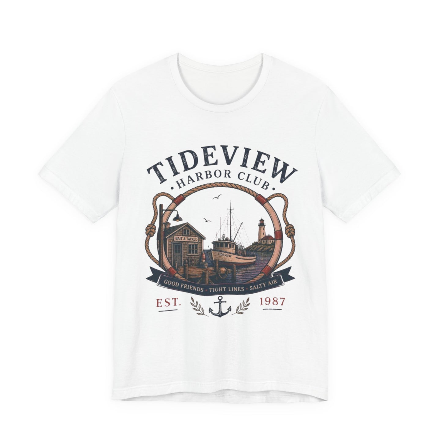 Tideview Harbor Club Vintage Graphic Tee – Retro Fishing Dock Style Shirt