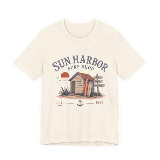 Sun Harbor Surf Shop Vintage Graphic Tee – Retro Beach Town Style Shirt