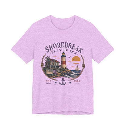 Shorebreak Seaside Inn Vintage Graphic Tee – Retro Coastal Lighthouse Style Shirt