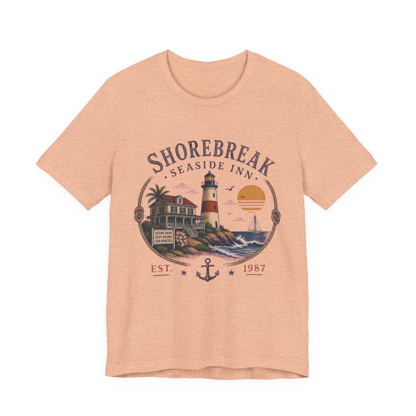 Shorebreak Seaside Inn Vintage Graphic Tee – Retro Coastal Lighthouse Style Shirt