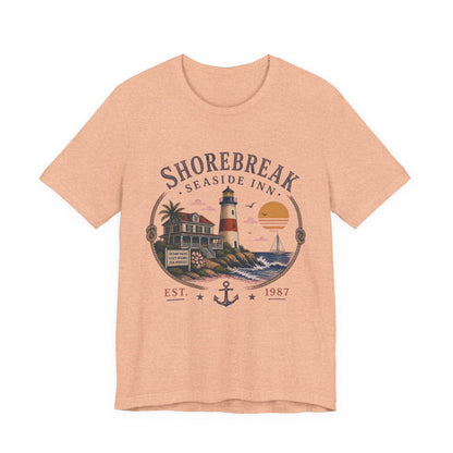 Shorebreak Seaside Inn Vintage Graphic Tee – Retro Coastal Lighthouse Style Shirt