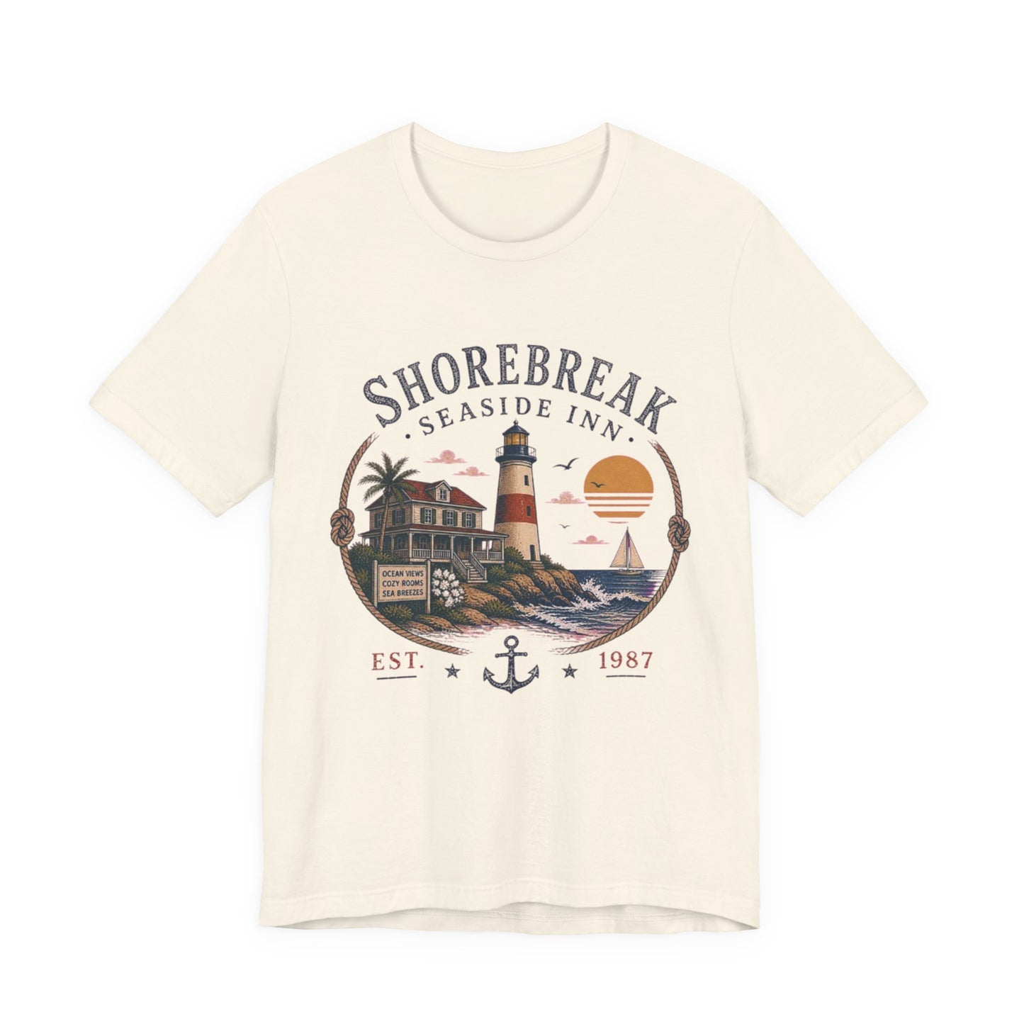 Shorebreak Seaside Inn Vintage Graphic Tee – Retro Coastal Lighthouse Style Shirt