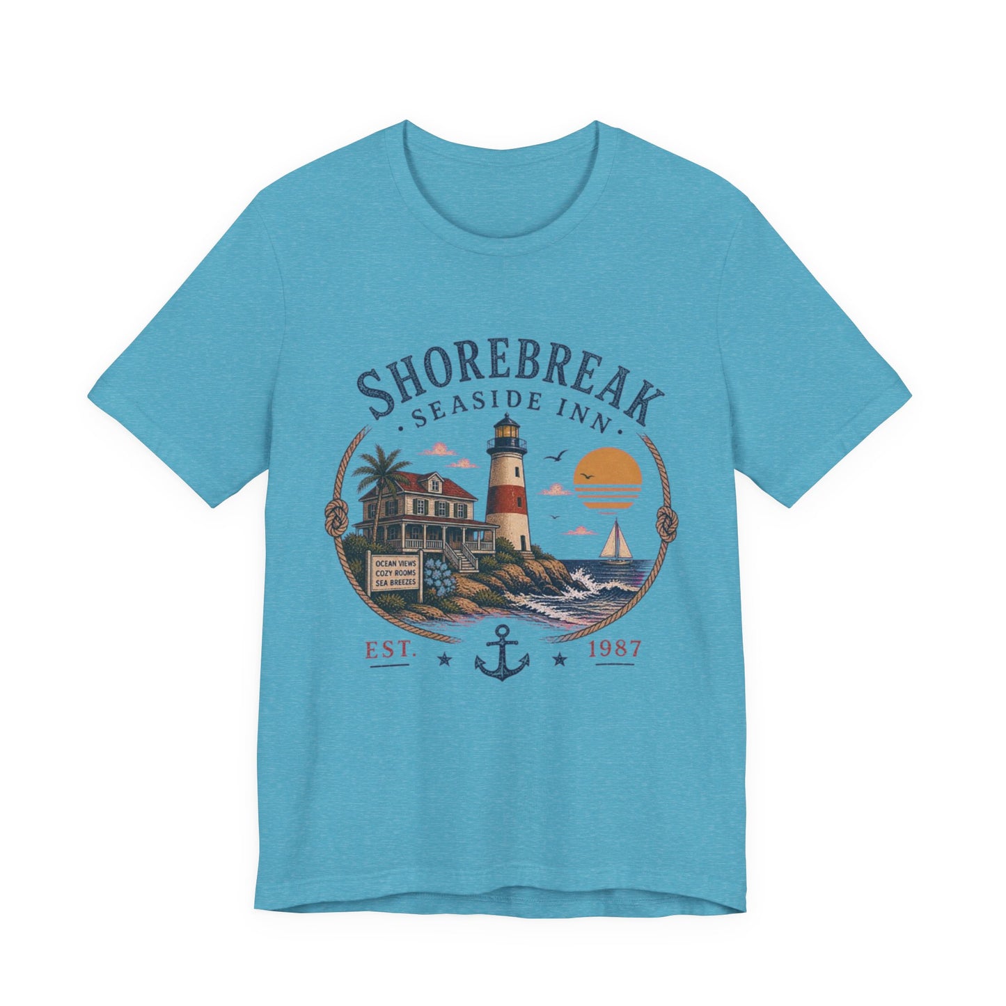Shorebreak Seaside Inn Vintage Graphic Tee – Retro Coastal Lighthouse Style Shirt