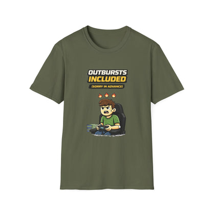 “Outbursts Included — Sorry in Advance” Funny Gamer Graphic Tee